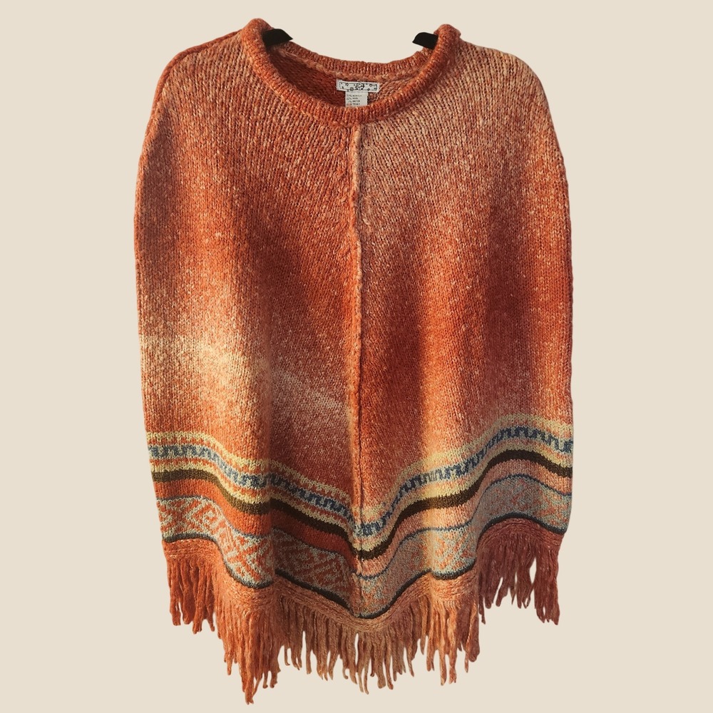 VTG Orange Southwestern Fringed Knit Poncho Wool Blend Large